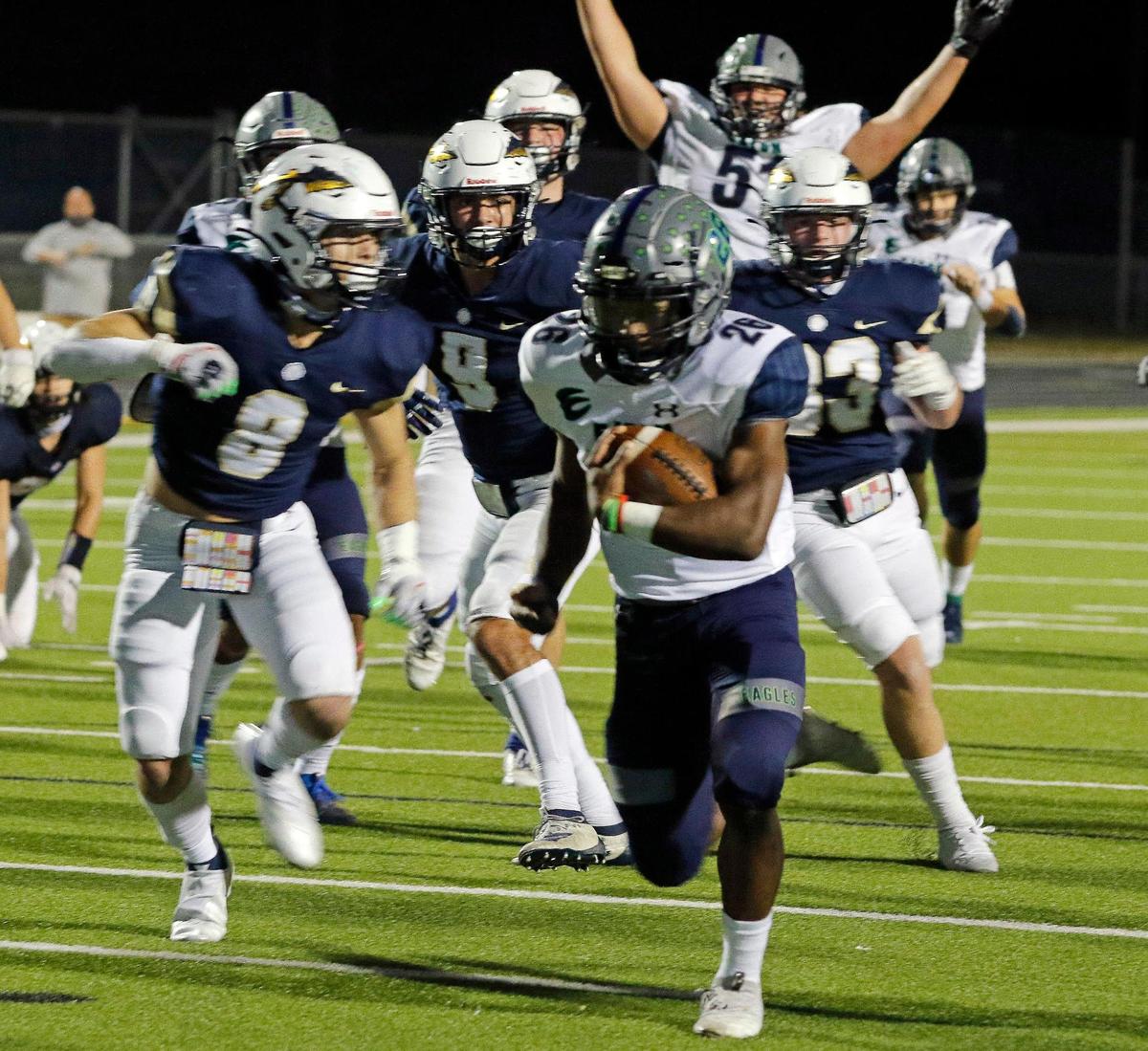 Eaton running back Isaac Jones (26) goes in for the first points of the game during a high school football game at KISD Stadium in Keller, Texas, Thursday, Nov. 05, 2020. The game was tied at seven at the half. (Special to the Star-Telegram Bob Booth)