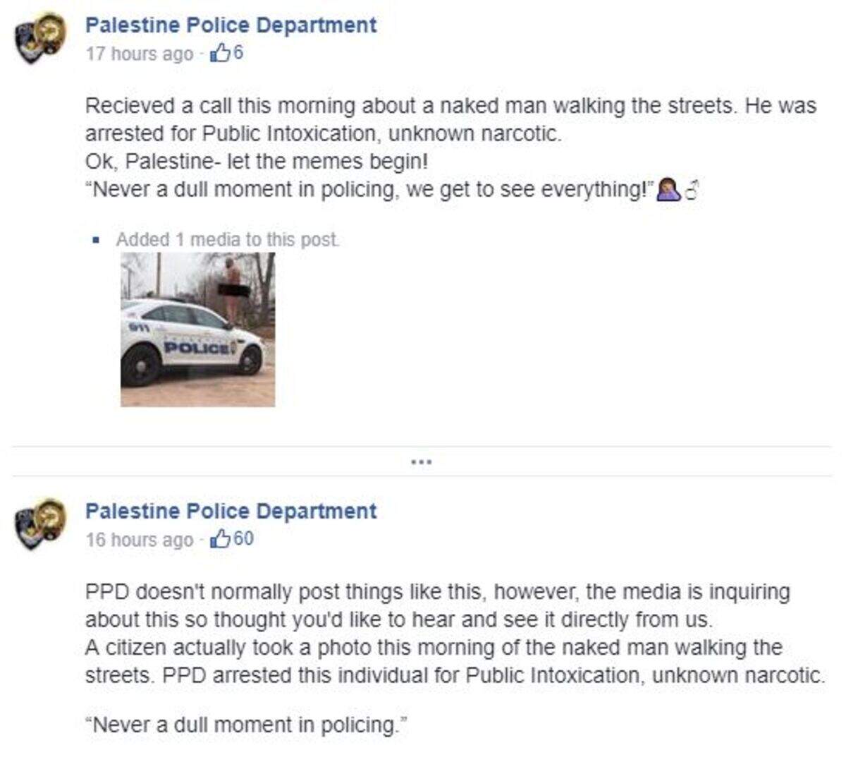 Palestine Police Department's original post said "Let the memes begin." They edited the post a little over an hour later.