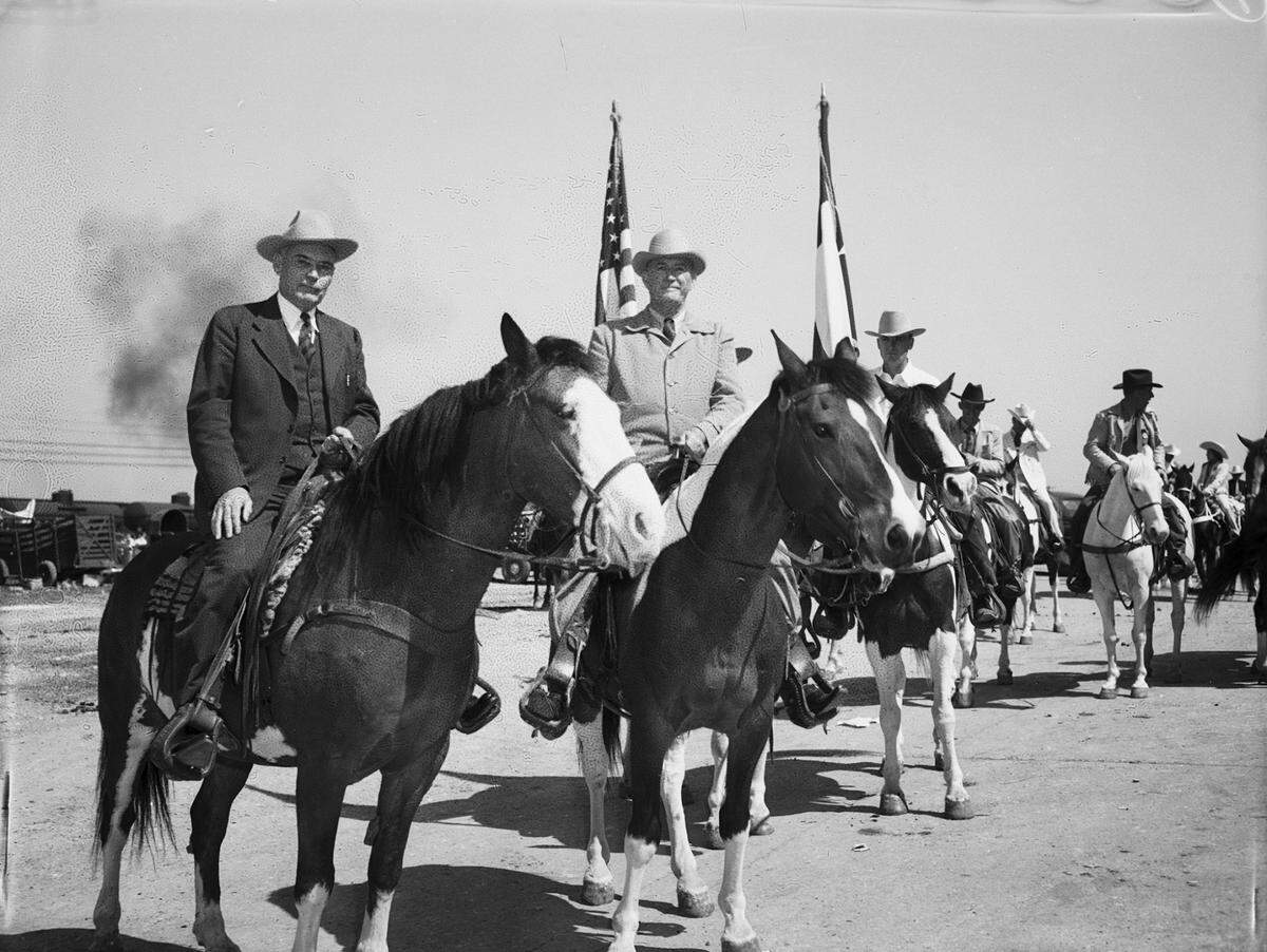 March 9, 1945: A mounted parade through downtown Fort Worth ushered in the Southwestern Exposition and Fat Stock Show in Fort Worth.  Gov. Coke R. Stevenson, a rancher, led the way on his paint horse. John C. Burns, president of the exposition, rode alongside the governor. 
