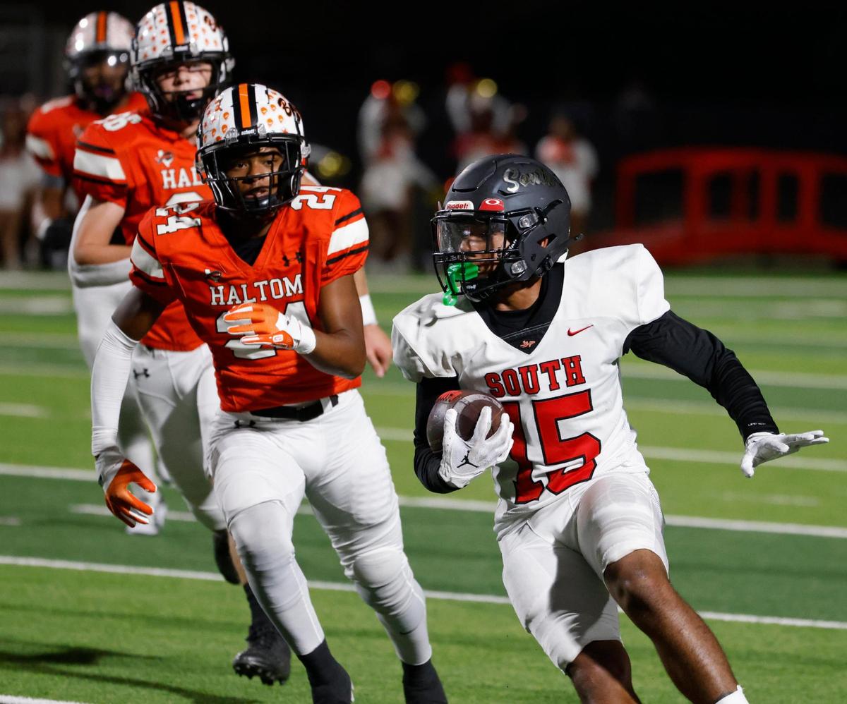 Haltom running back Andre Rich (24) pursues South Grand Prairie linebacker Anthony Ellis (15) during a UIL District 8-6A football game at Birdville Fine Arts/Activity Complex in North Richland Hills, Texas, Thursday, Oct. 31, 2024.
