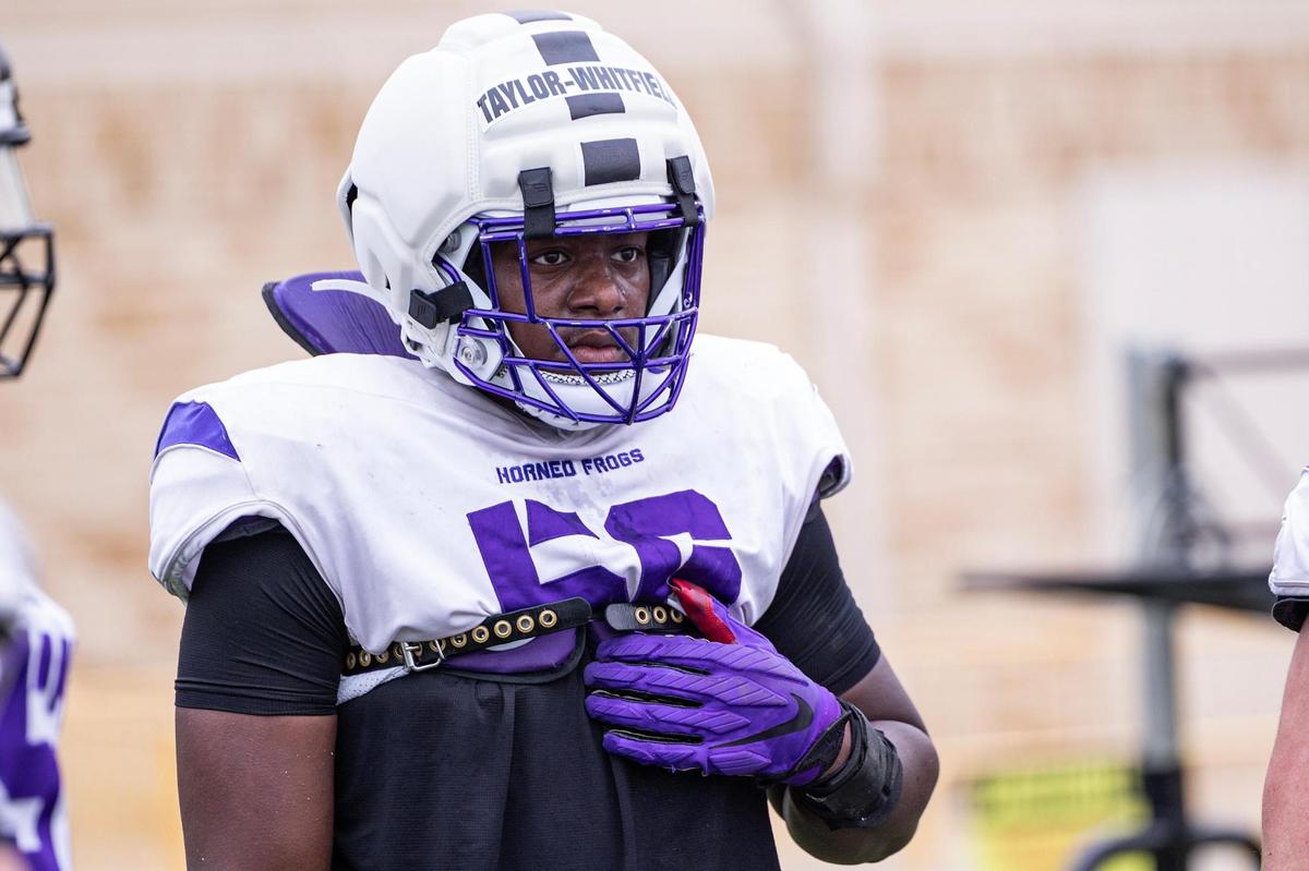 TCU offensive lineman Ben Taylor-Whitfield (56) participates in a team spring practice at the Sheridan & Clif Morris Football Practice Fields at TCU in Fort Worth on Tuesday, April 1, 2025.