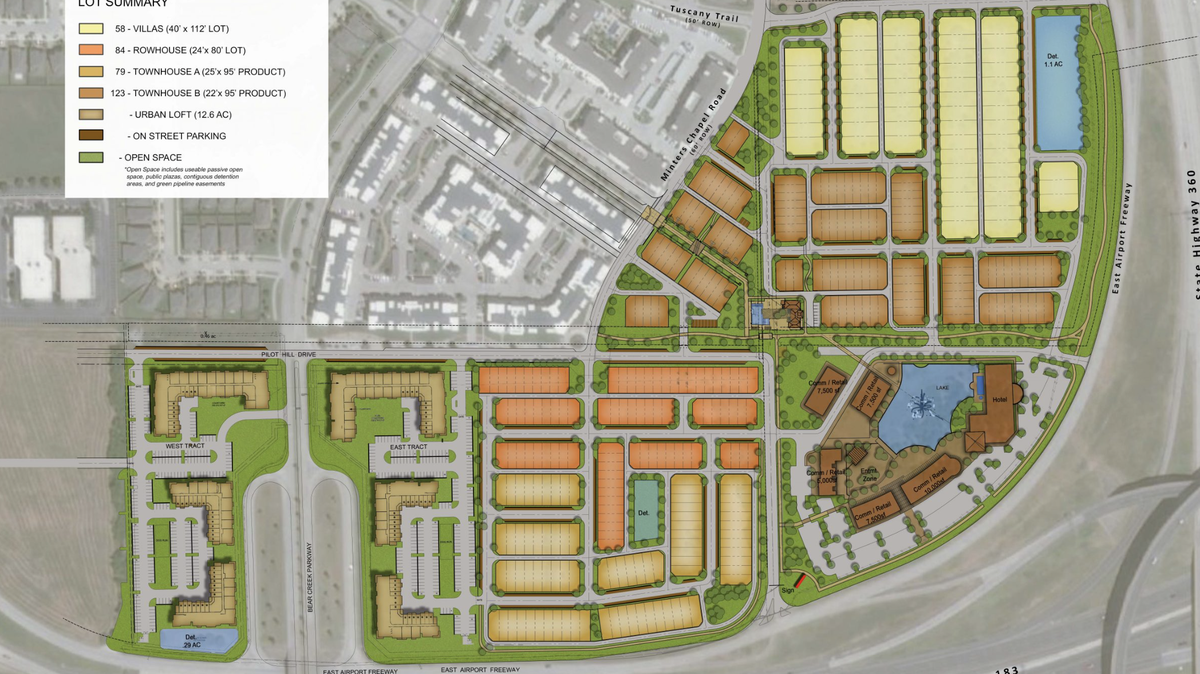 A master plan of the new Watercolor development shows more than 50 villas, 85 rowhomes, 200 townhomes and 12 acres of urban lofts. The community will feature a lake water feature with hiking trails connected.