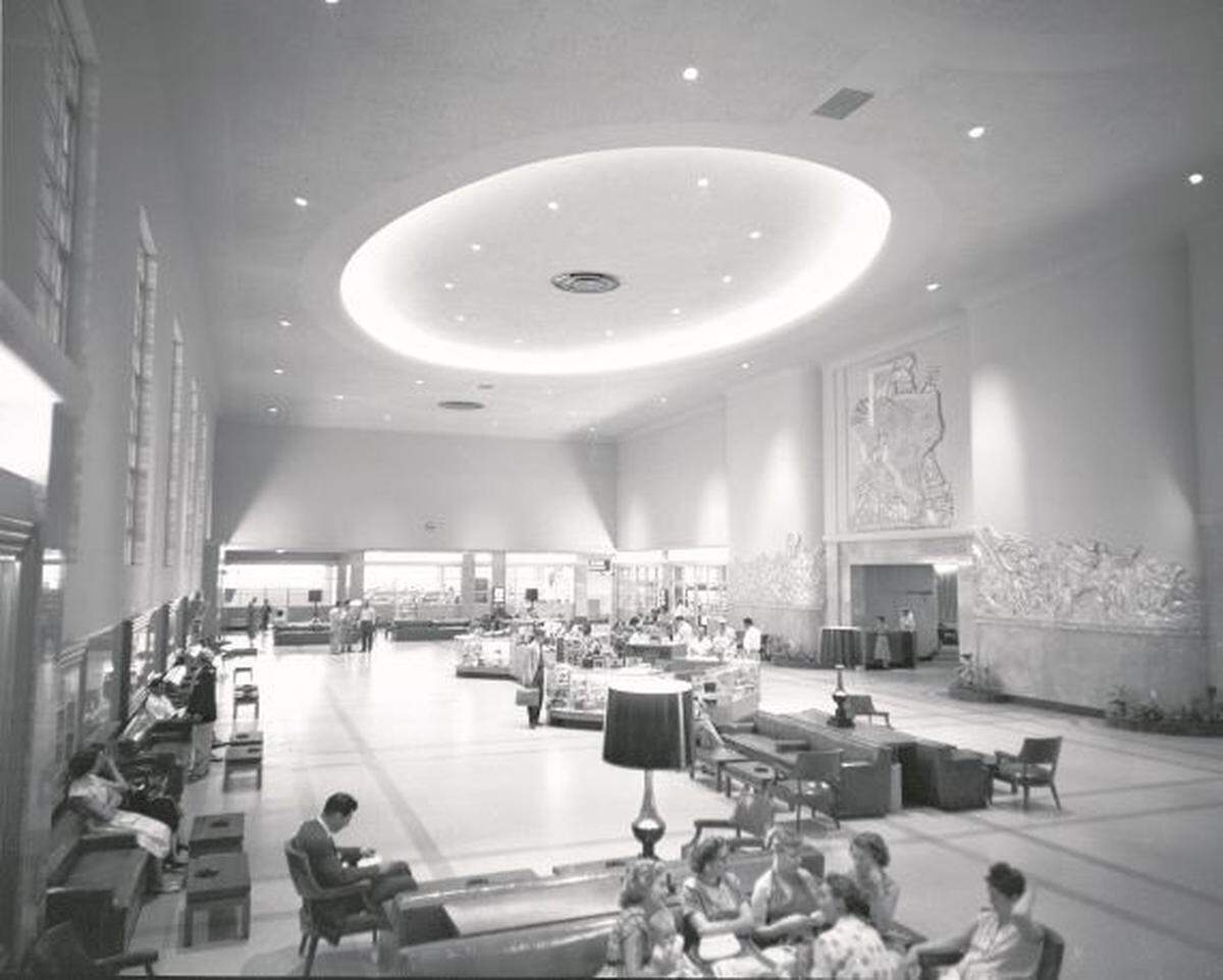 Lobby of Carter Field showing gold leaf murals on wall, April 28, 1953.