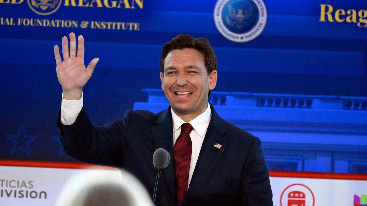 Florida Gov. Ron DeSantis appears on stage at the start of the FOX Business Republican presidential primary debate at the Ronald Reagan Presidential Library and Museum.