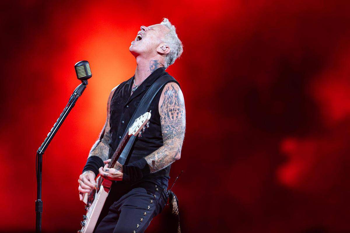 Lead vocalist James Hetfield performs during the Metallica: M72 World Tour concert at AT&T Stadium in Arlington, Texas on Friday, Aug. 18, 2023.