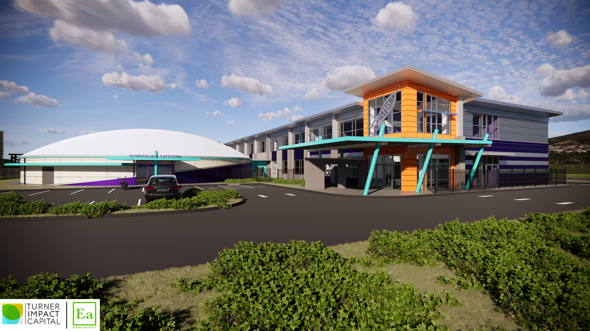 A rendering shows the exterior of the Rocketship Public charter elementary school that will open on the Stop Six neighborhood on East Berry Street.