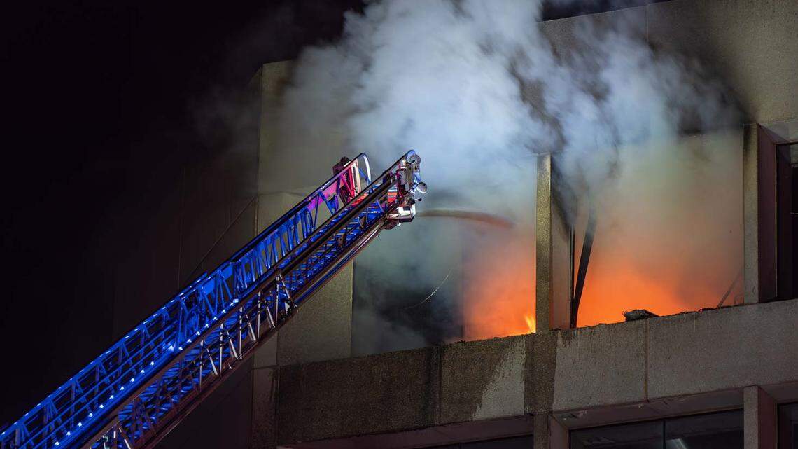 Firefighters worked to put out a fire Monday night, Jan. 19, 2026, at a six-story commercial building on Hulen Street in southwest Fort Worth, the Fort Worth Fire Department said.