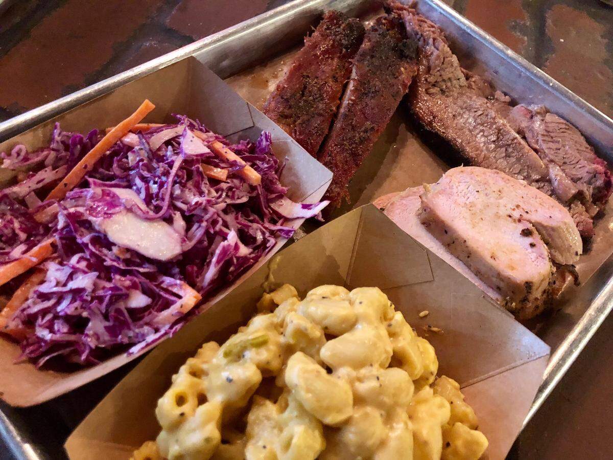 A combination platter with brisket, ribs and turkey at Heim Barbecue.