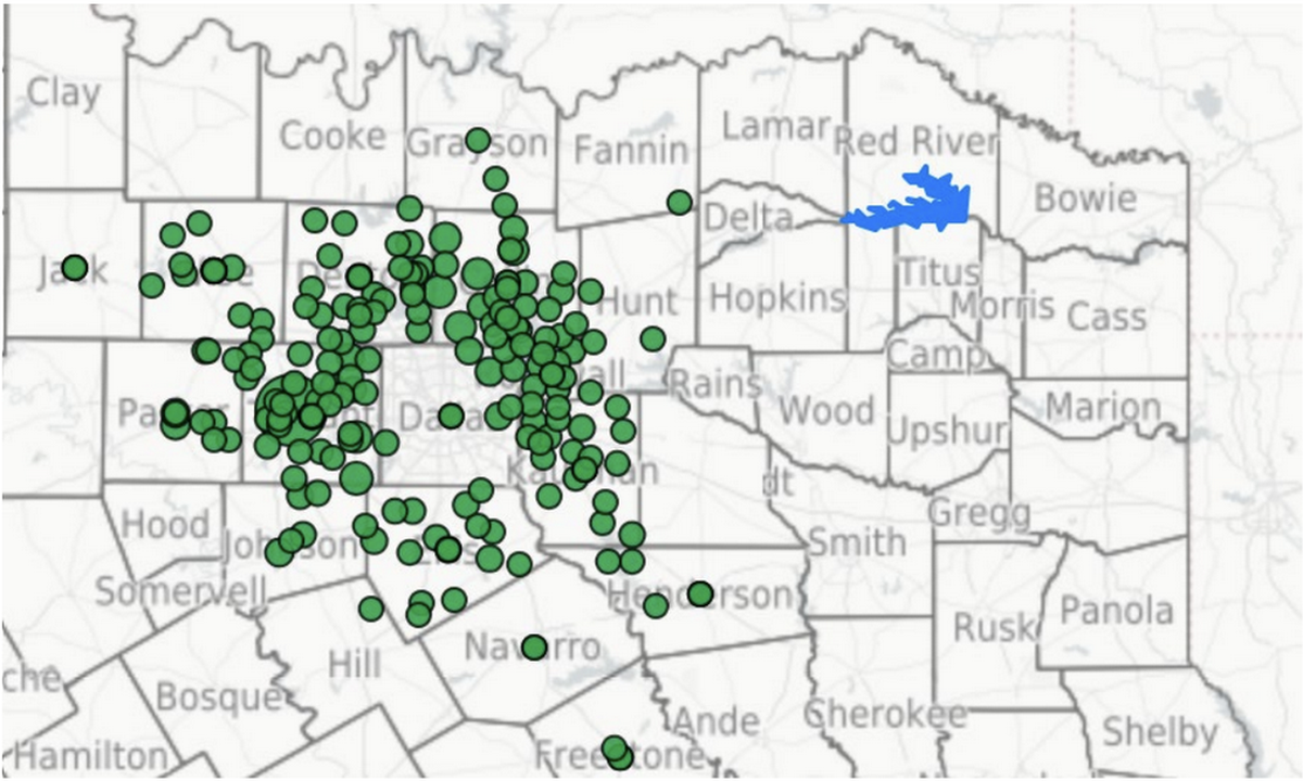 A map of the would-be Marvin Nichols Reservoir and the potential recipients of its water, marked by green dots.