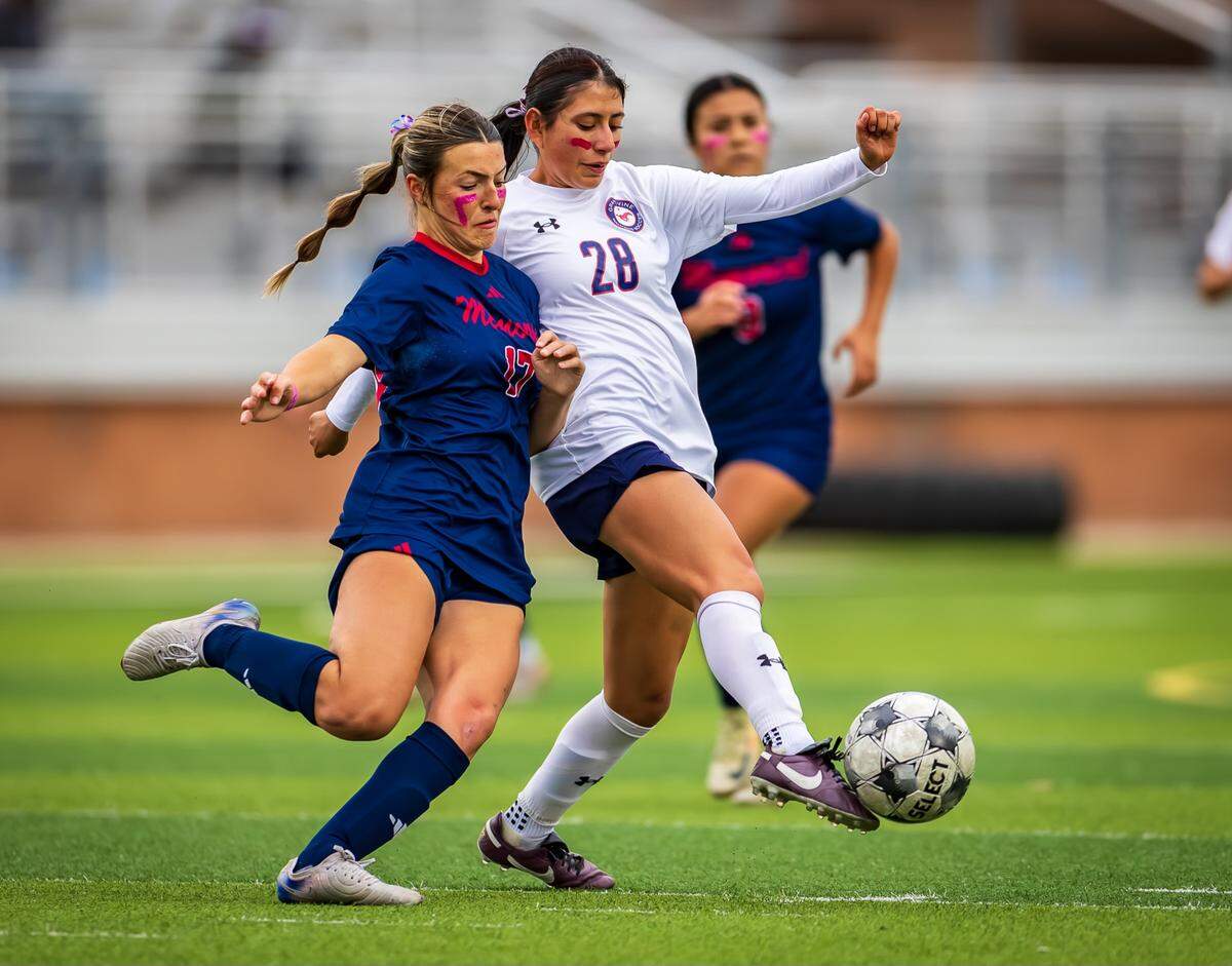 Grapevine’s Paola Granados (28) plays a ball against Wichita Falls Memorial in a Class 5A Division 2 regional semifinal on Friday, March 27, 2026, at Mineral Wells High School in Mineral Wells, Texas.
