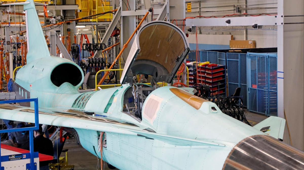 A X-59 QueSST built by Lockheed Martin at Skunk Works in Palmdale, California, was at the Fort Worth facility for testing in February.