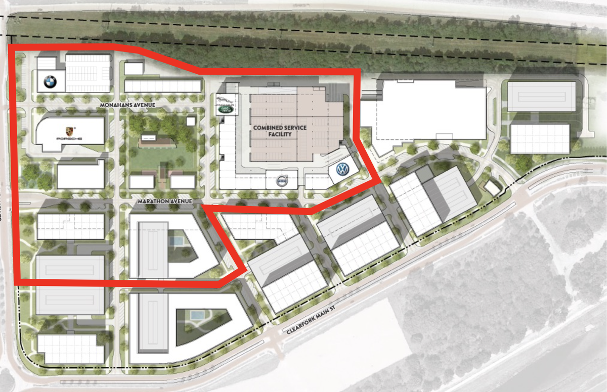 The 25-acre project before city council (outlined in red) is only the first half of Clearfork’s long-term development plan.
