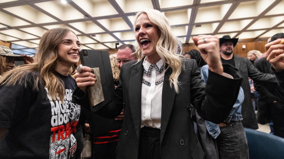 Mercy Culture lead pastor Heather Schott celebrates with other supporters after the Fort Worth council members approved the church to build a proposed human trafficking victim shelter during a city council meeting in Fort Worth on Tuesday, Dec. 10, 2024.