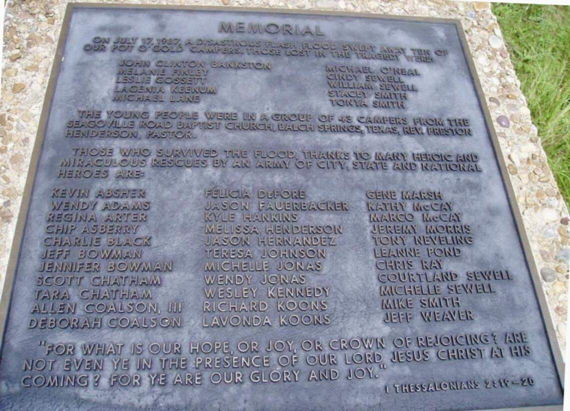 A memorial at Pot O Gold Ranch near Comfort, Texas, remembers those who died and to the survivors of the 1987 Comfort bus tragedy.