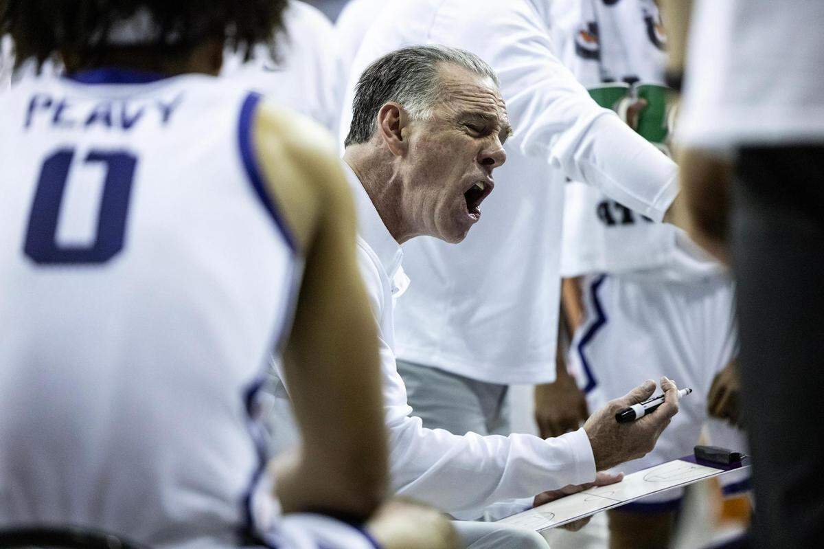 TCU Head Coach Jamie Dixon yells at his team during a timeout in the first half against the Texas Longhorns at Schollmaier Arena on Saturday, Feb. 3, 2024.