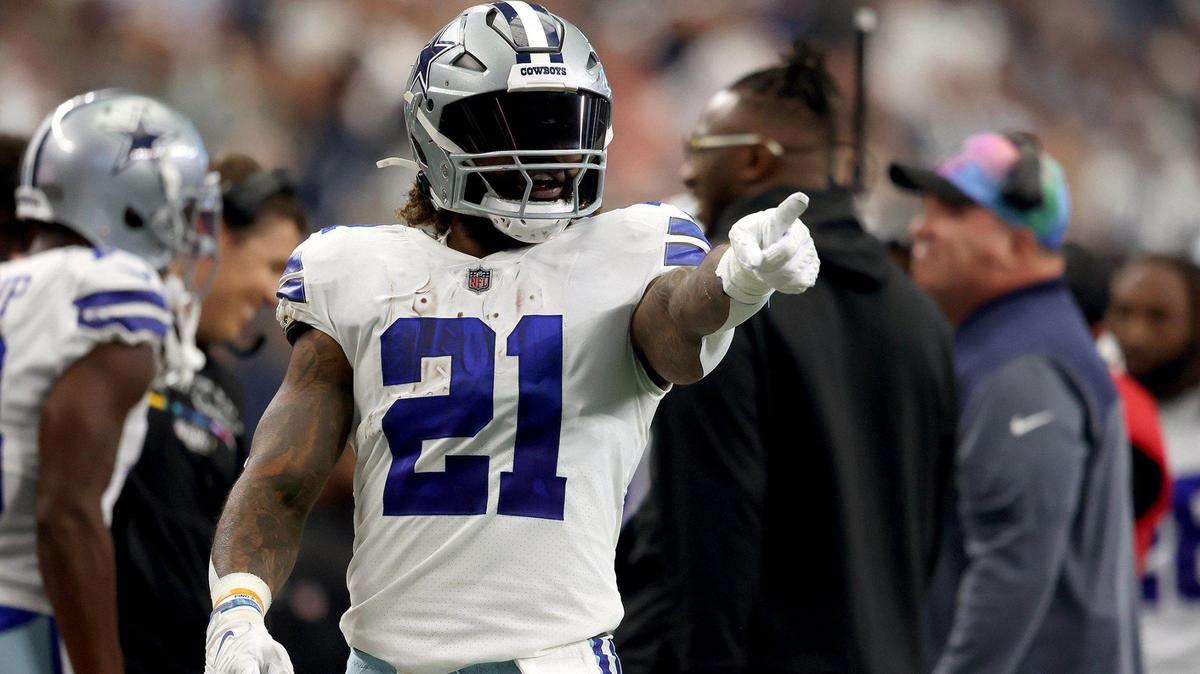 Dallas Cowboys running back reacts after getting back to the sideline during the first half against the Washington Commanders on Sunday, October 2, 2022, at AT&T Stadium in Arlington.