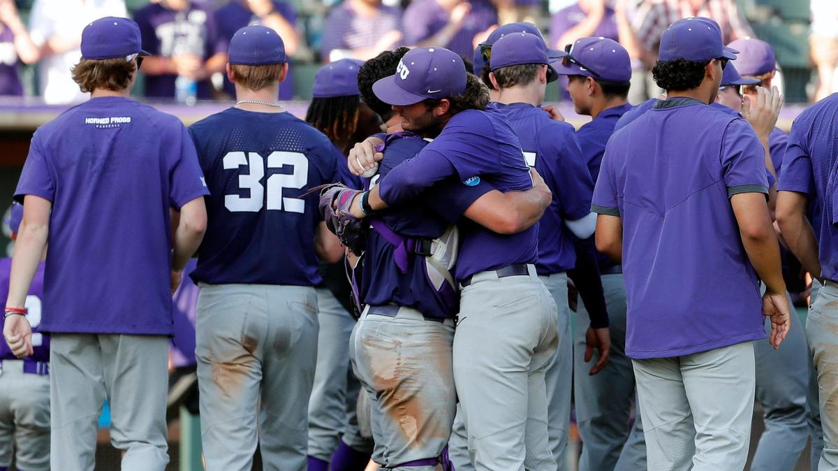 TCU catcher Karson Bowen (14) and pitcher Luke Savage (16) embrace after winning game one of the NCAA Super Regional between TCU and Indiana State at Lupton Stadium in Fort Worth, Texas, Friday June 09, 2023. TCU defeated Indiana State 4-1. (Special to the Star-Telegram Bob Booth)