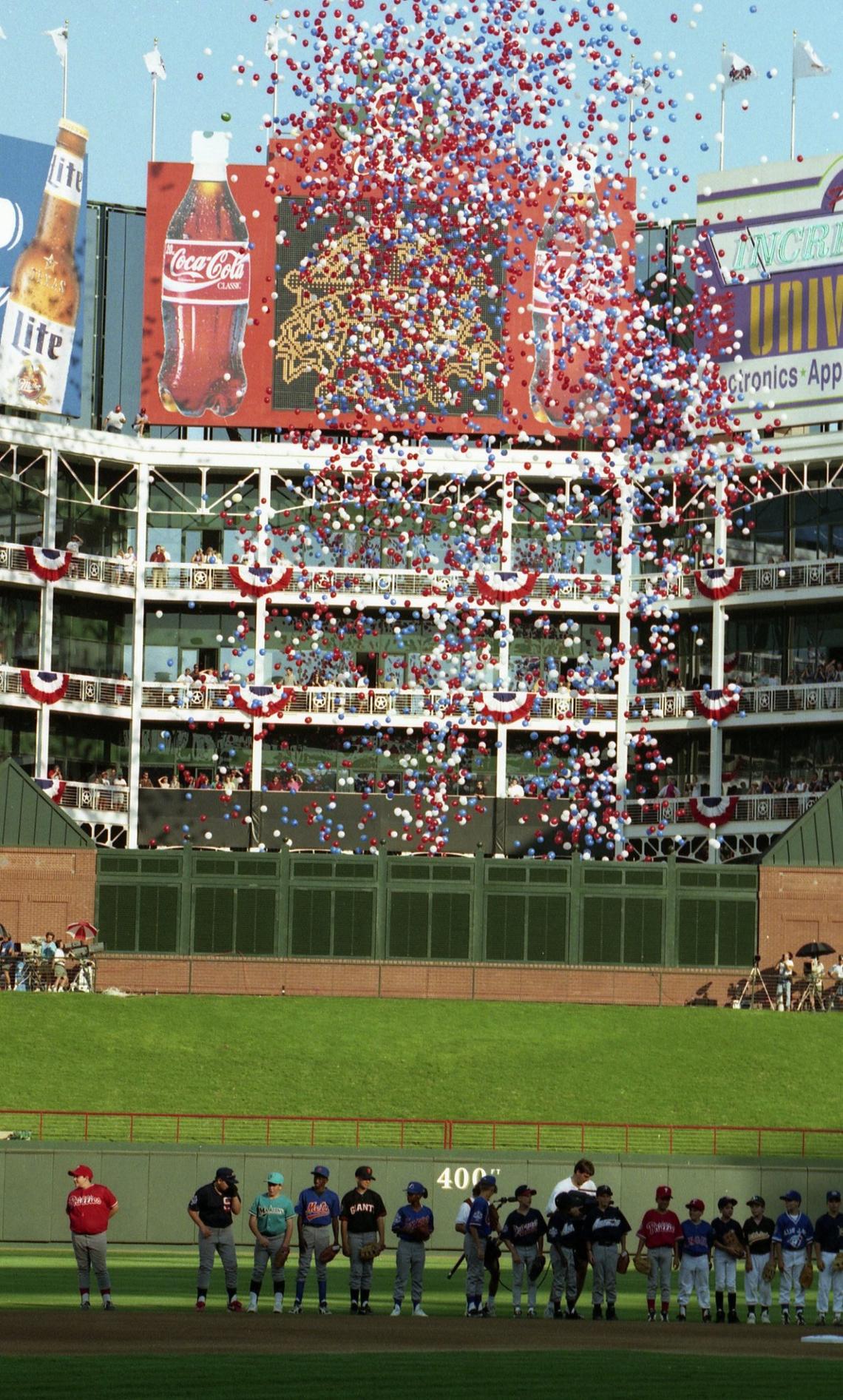 Balloons are released before the start of the MLB All Star game at the Ball Park in Arlington in Arlington, Texas. July 1995.