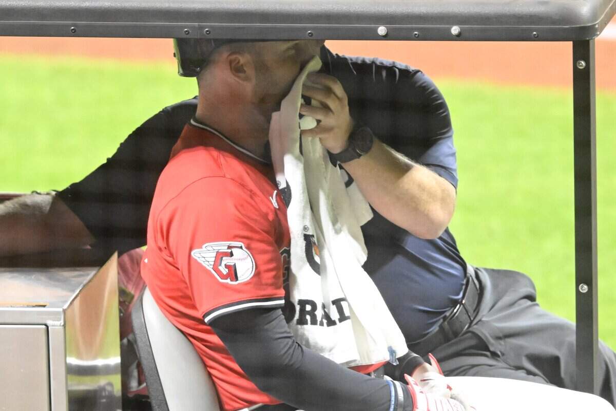 Sep 23, 2025; Cleveland, Ohio, USA; Cleveland Guardians designated hitter David Fry (6) leaves the field in a cart after he was hit in the face by a foul ball in the sixth inning against the Detroit Tigers at Progressive Field. Mandatory Credit: David Richard-Imagn Images