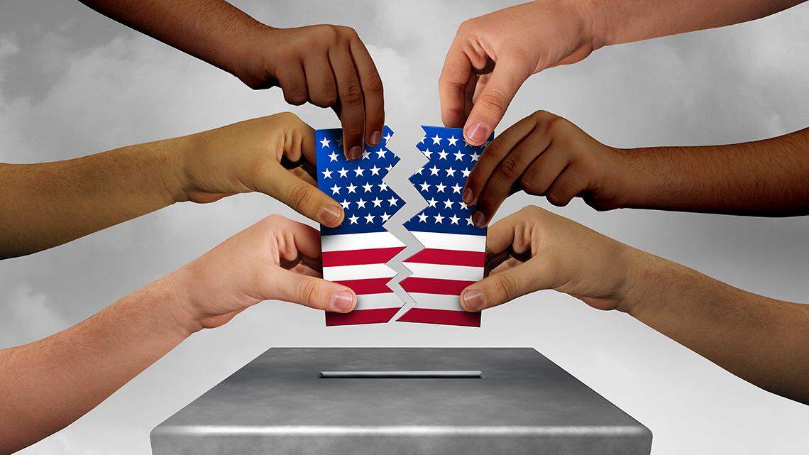 Divided American voter and United States voting or partisan politics as Republicans and Democrats split and widen the political gap during an election with 3D illustration elements.