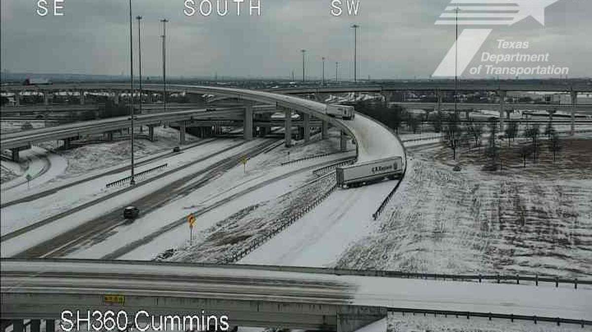 Two 18-wheelers “slid and got stuck” while trying to drive up the southbound Texas 360 exit ramp to eastbound Interstate 20 in Arlington amid icy road conditions Sunday afternoon, police said.