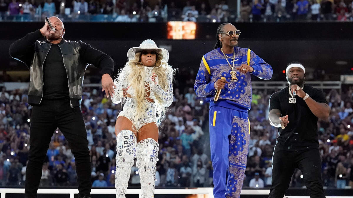 Dr. Dre from left, performs with Mary J. Blige, Snoop Dogg and 50 Cent during the Super Bowl halftime show at SoFi Stadium Sunday evening in Inglewood, Calif.