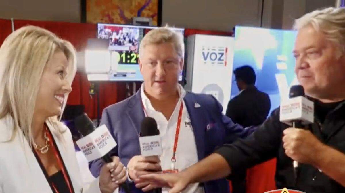 Patriot Mobile Action PAC leader Leigh Wambsganss, left, of Southlake, and Patriot Mobile executive Glenn Story, center, were podcast guests of former Donald Trump advisor Steve Bannon at CPAC in Dallas.