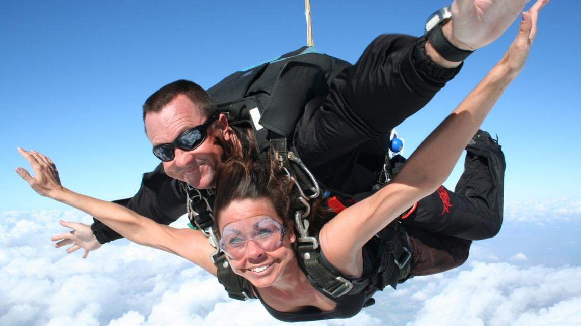 A Skydive Spaceland Dallas instructor during a tandem jump from thousands of feet in the air over Dallas.