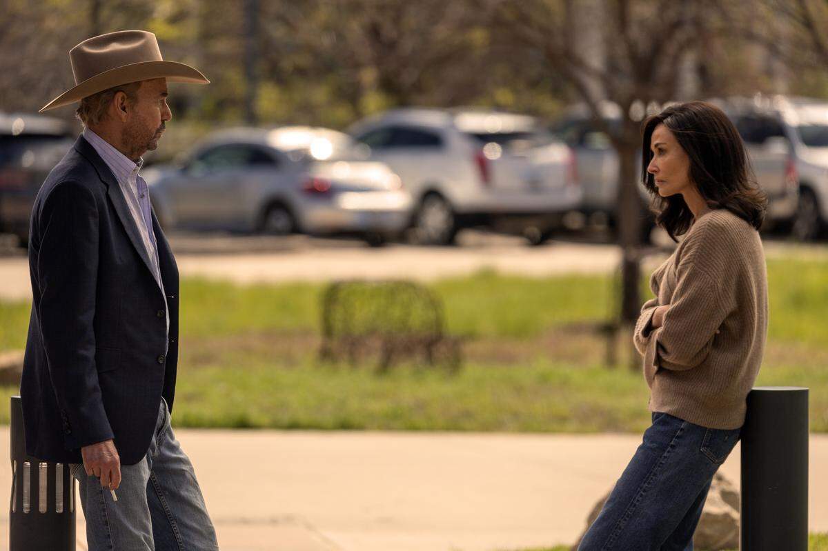 L-R: Billy Bob Thornton as Tommy Norris and Demi Moore as Cami Miller in season 1, episode 10 of “Landman” streaming on Paramount+.