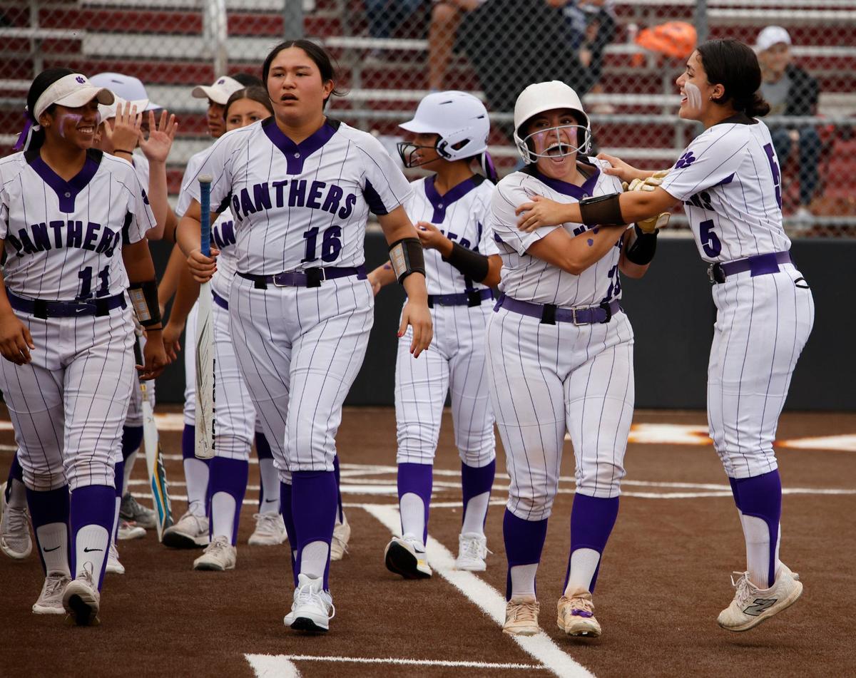 Paschal senior catcher Samantha Garcia celebrates with team mates after her bottom of the sixth three run winning home run during a UIL District 6A Region 1 Bi-district softball playoff game at Saginaw High School in Saginaw, Texas, Thursday, April 25, 2024. Paschal defeated Keller 3-2. (Special to the Star-Telegram/Bob Booth)