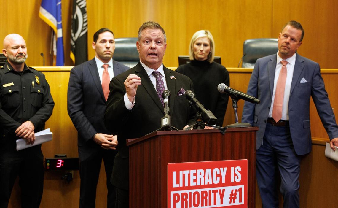 Tarrant County Judge Tim O’Hare speaks during a press conference addressing the resolution to prioritize literacy in all independent school districts in the county on Wednesday, Feb. 19.