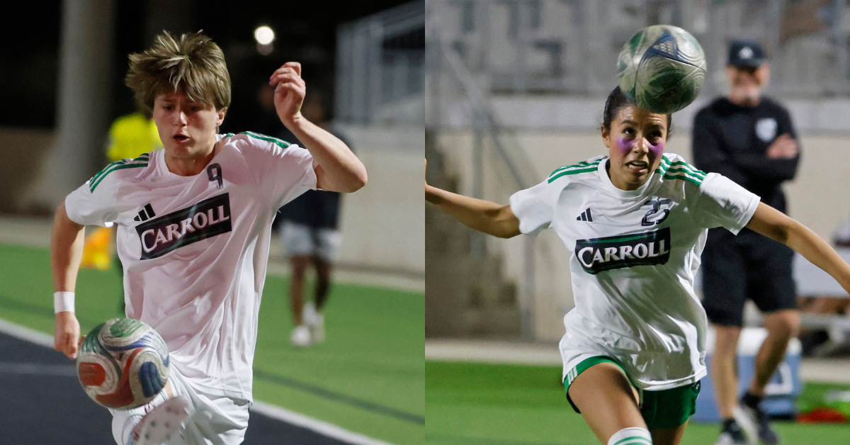Southlake Carroll’s John Skiermont, left, and Sydney Martin attack the ball in a bi-district round soccer playoff game at Crowley ISD Multi-Purpose Stadium in Fort Worth, Texas, Friday, March 20, 2026.