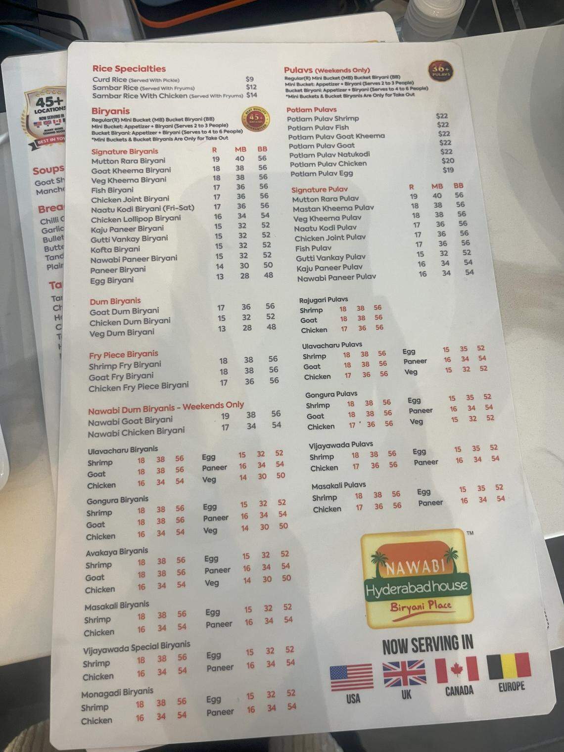 Menu with biryani options at Hyderabad House in north Fort Worth.