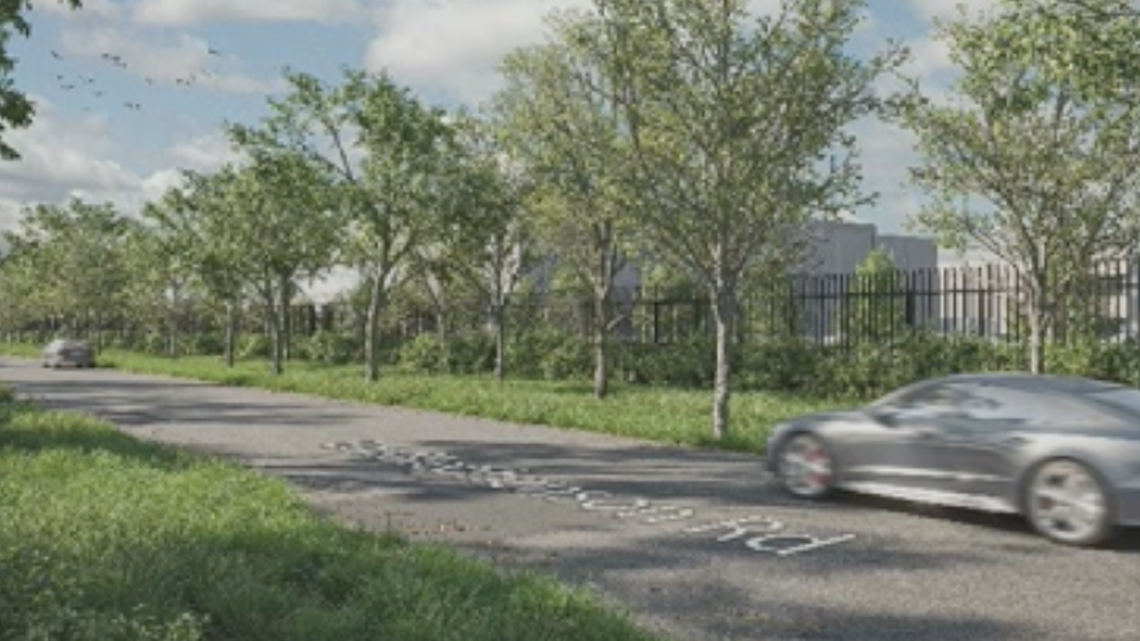A digital rendering of a data center facility Black Mountain plans to construct in south Fort Worth, as viewed from Lon Stephenson Road. City council approved the plan unanimously at its Tuesday night meeting.