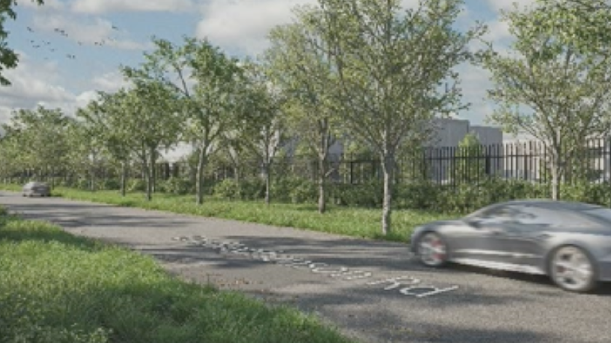 A digital rendering of a data center facility Black Mountain Energy Storage hopes to construct in south Fort Worth, as viewed from Lon Stephenson Road.