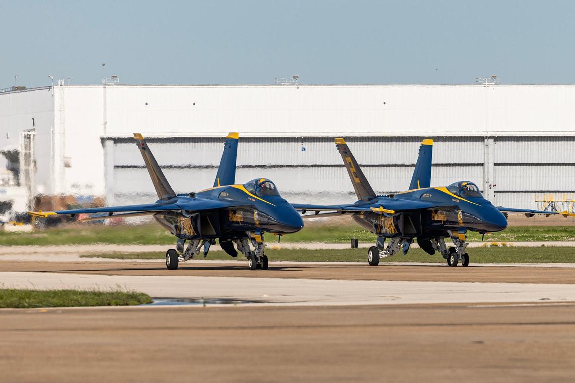 The Blue Angels land during the ‘Wings over Cowtown’ Blue Angels airshow media day at the Naval Air Station Joint Reserve Base in Fort Worth on Thursday, April 11, 2024.