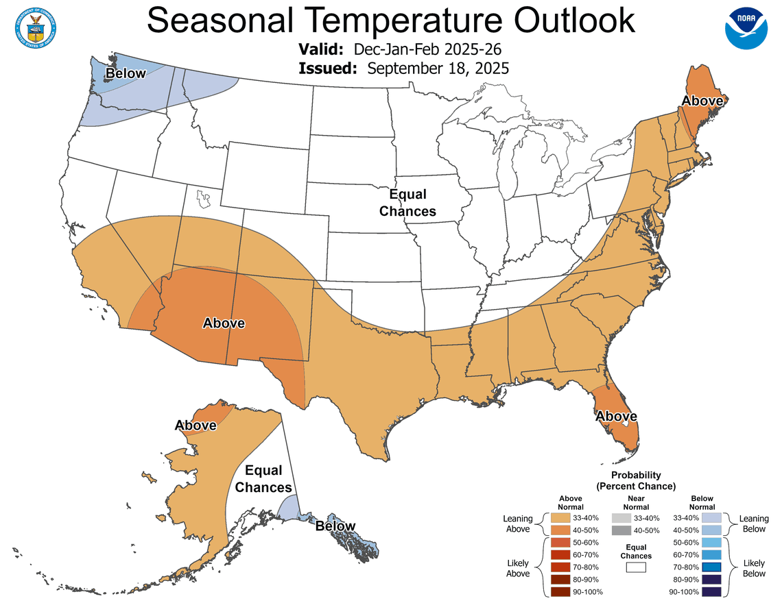 The seasonal temperature outlook for the U.S. from December 2025 through February 2026.