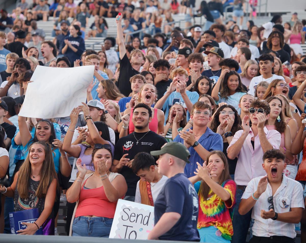 Richland Royal fens cheer a touchdown during a UIL football game at Birdville Fine Arts and Activity Center in North Richland Hills Friday, Sept. 6, 2024.