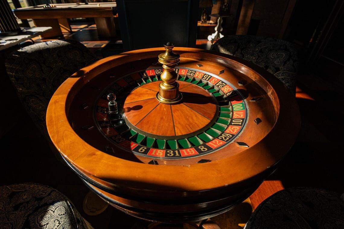 A roulette wheel in the ‘arcade room’ at the new Bowie House hotel in Fort Worth on Tuesday, Nov. 28, 2023.