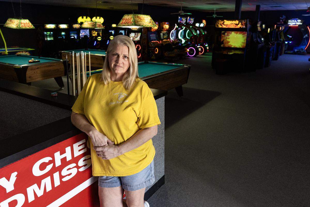 Shannon Bell, the owner of Tornado Terry's, is photographed in her arcade in Keller on Friday, Nov. 14, 2025. A lengthy construction project on Keller Hicks Road has driven away customers that have kept Tornado Terry's open for more 30 years.