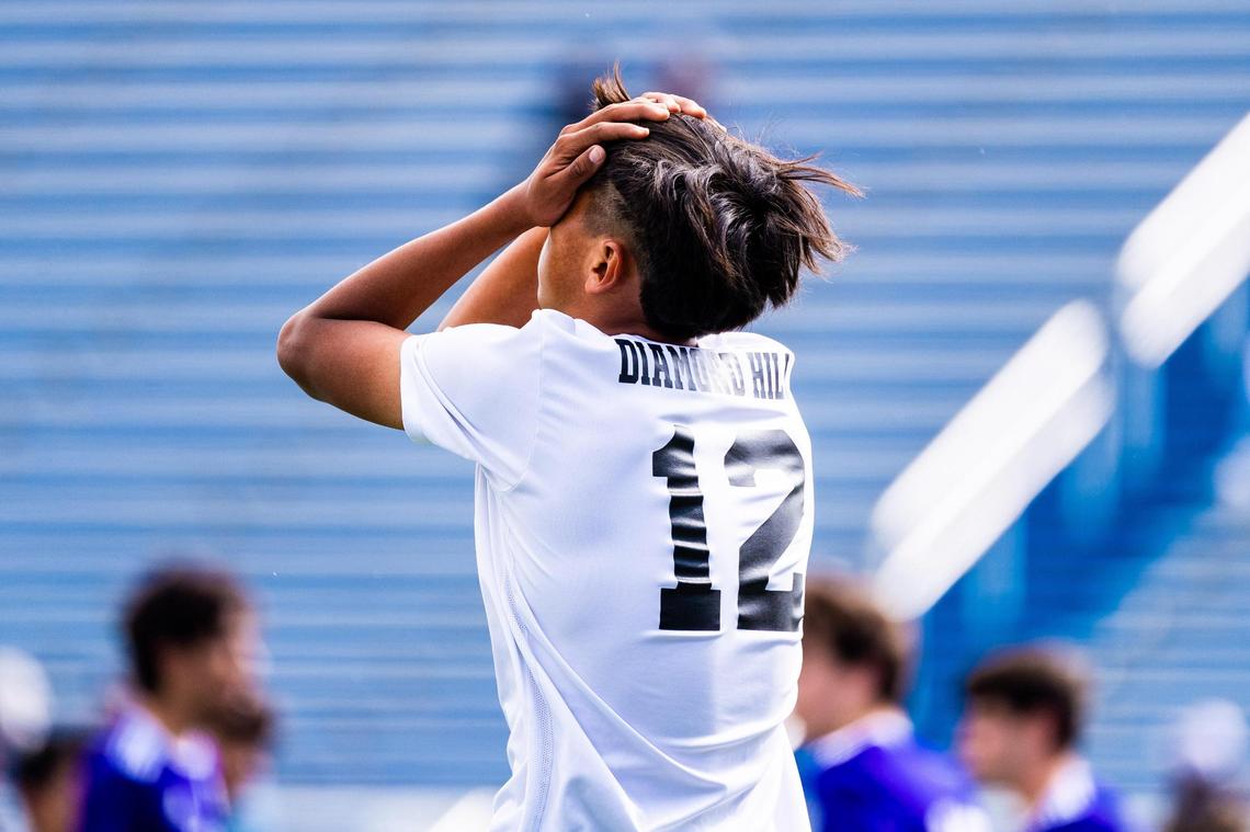Edgar Rodriguez (12) after missing a shot on goal while down 0-1 in the 1st half of the 4A state final between Fort Worth Diamond Hill-Jarvis and Boerne at Birkelbach Field in Georgetown Texas, on April 17th 2021. Photo by Matt Smith (Special to the Star-Telegram).