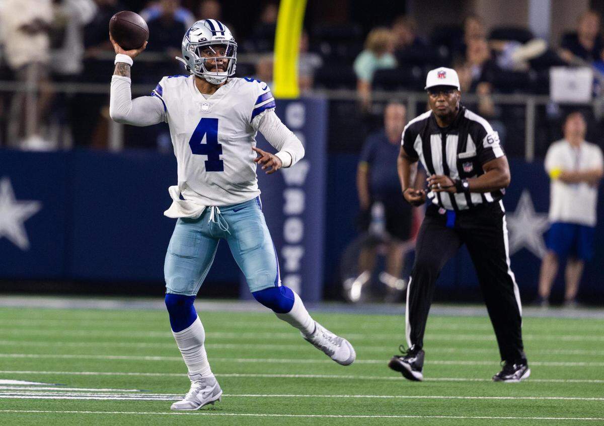 Dallas Cowboys quarterback Dak Prescott throws the ball during the second half of the game against Tampa Bay Buccaneers Sunday, Sept. 11, 2022, at AT&T Stadium in Arlington.