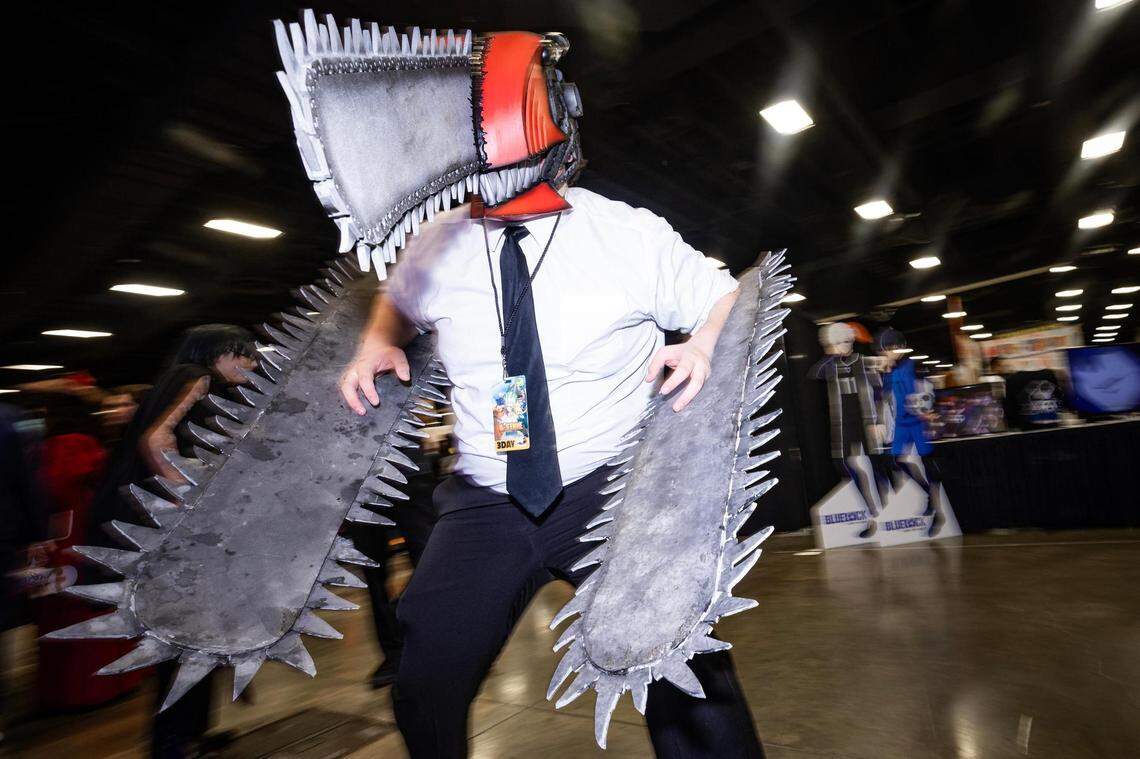 Vincent Morvant, who is dressed as Denji from “Chainsaw Man,” is photographed in his cosplay for the Anime Frontier event at the Fort Worth Convention Center on Friday, Dec. 8, 2023.