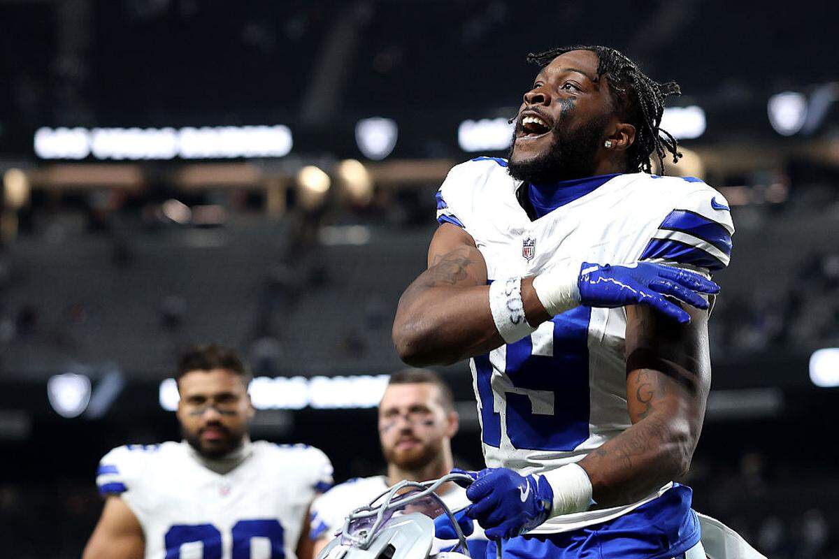 Cowboys receiver Ryan Flournoy celebrates after a win over the Raiders on Monday at Allegiant Stadium in Las Vegas.