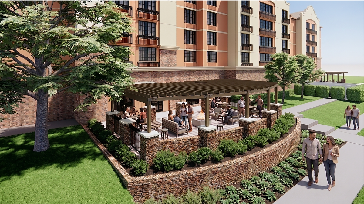 A rendering of updates to the back patio of the Hyatt Place in the Stockyards.