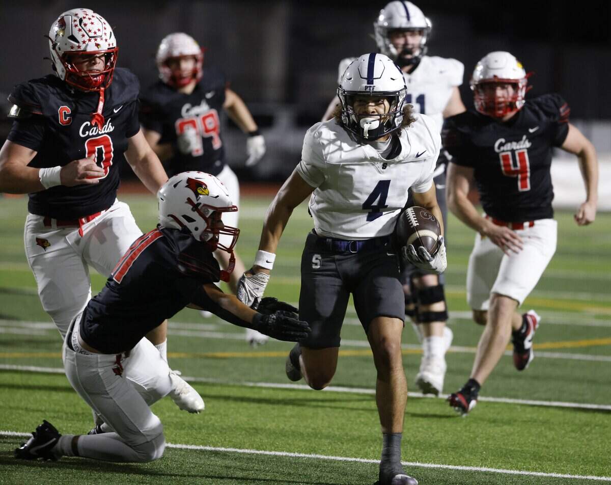 All Saints linebacker Keyon Adkins runs upfield during the first half of a TAPPS football game between Fort Worth All Saints and Fort Worth Christian at Barrow Field in North Richland Hills, Texas, Friday, October 31, 2025.
