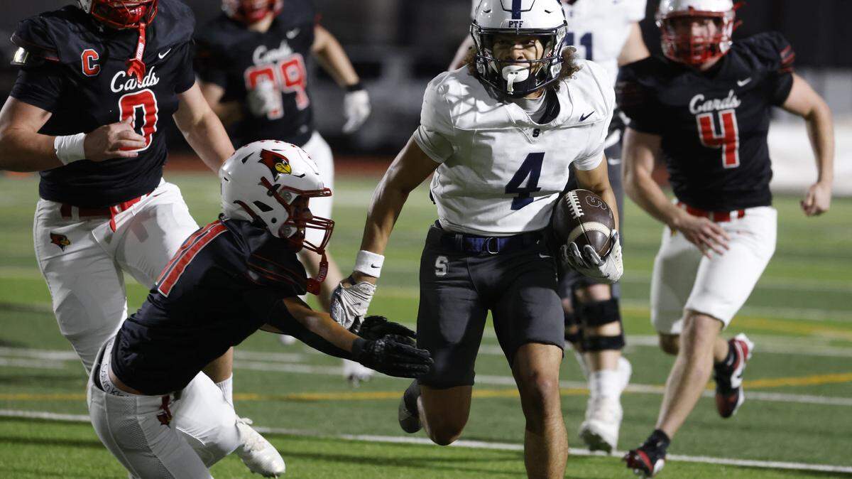 All Saints linebacker Keyon Adkins runs upfield during the first half of a TAPPS football game between Fort Worth All Saints and Fort Worth Christian at Barrow Field in North Richland Hills, Texas, Friday, October 31, 2025.