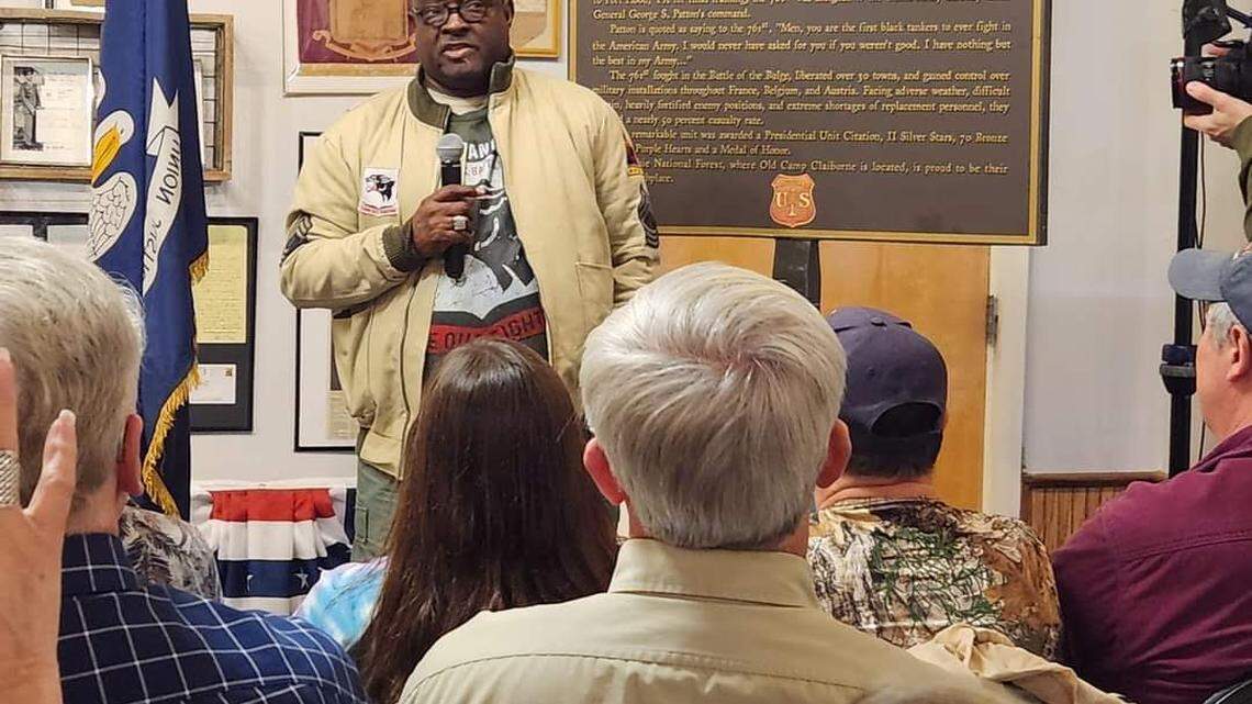 Clinton Warren speaks during an unveiling of a commemorative historical marker in February at the Southern Forest Heritage Museum in Longleaf, Louisana.