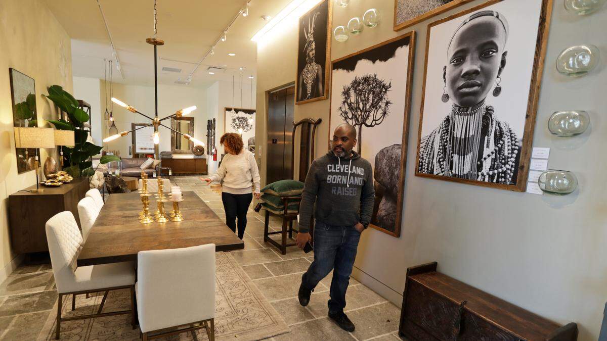 Myron and Camille Davis look for furniture at an Arhaus in Lyndhurst, Ohio, in May 2020.