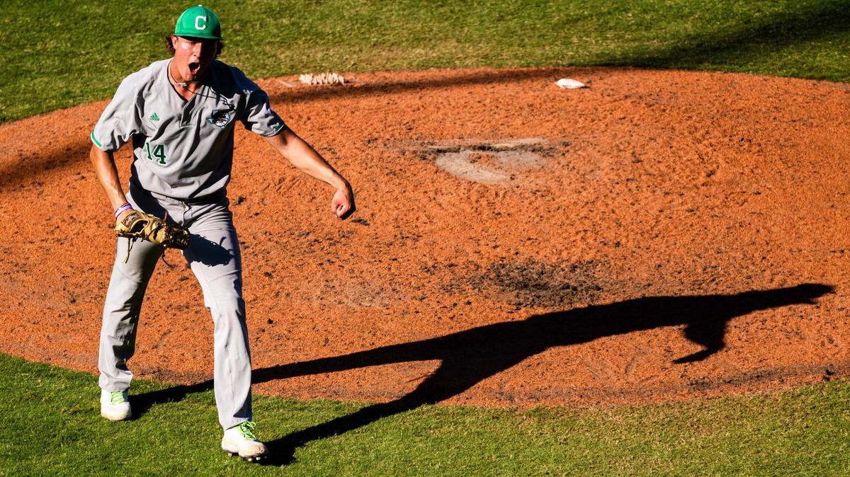 Griffin Herring celebrates the third out of the 6th during the UIL 6A baseball state semifinal between Southlake Carroll and Fort Bend Ridge Point at Dell Diamond in Round Rock on June 10, 2022.